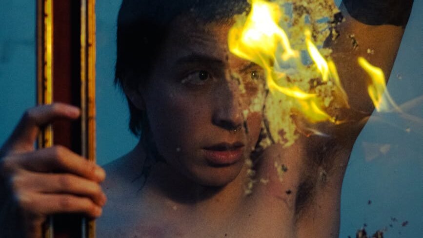 dramatic portrait with burning frame